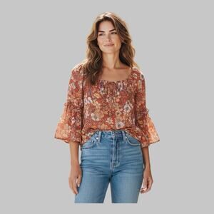 Status By Chenault Semi Sheer Peasant Office Womens Floral Top Bell Sleeves M